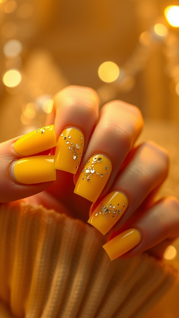 Glittery yellow French nails with a glossy finish and sparkling embellishments