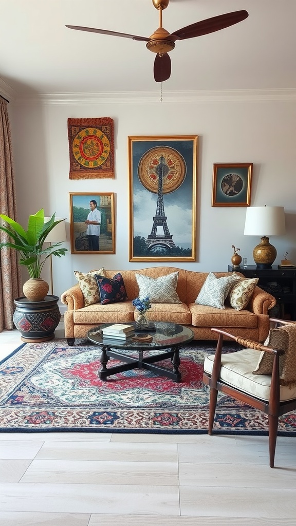 A stylish living room featuring global influences with art, comfortable furniture, and a vibrant rug.