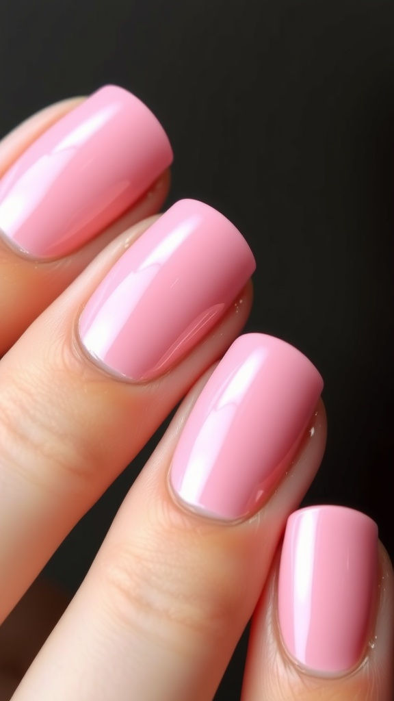 Close-up of manicured nails with glossy baby pink chrome finish
