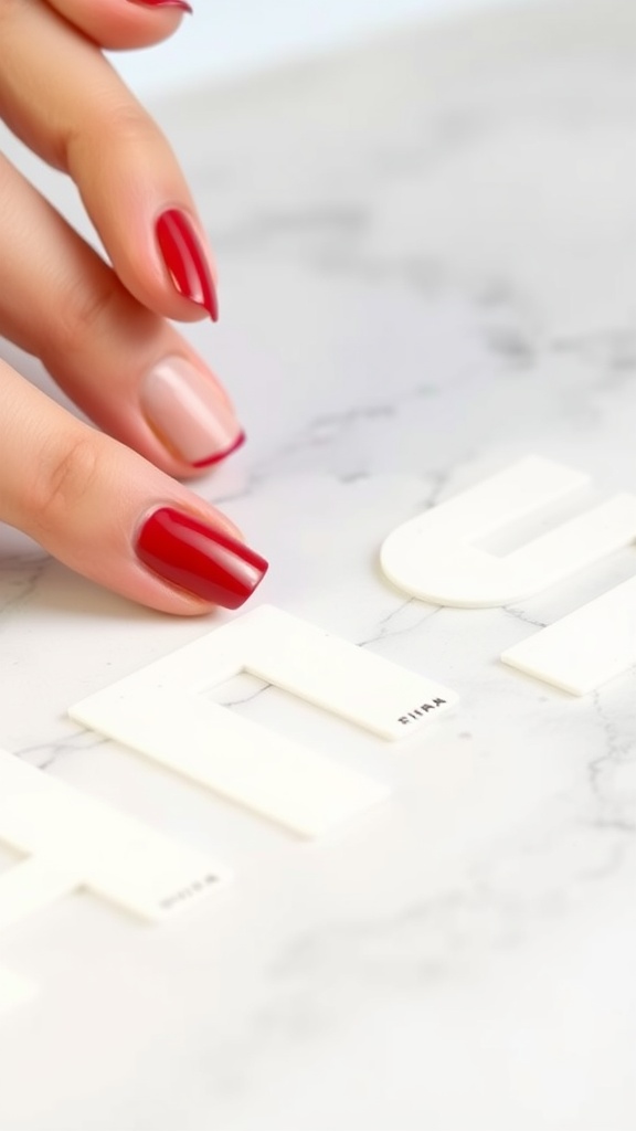 Close-up of glossy cherry red nails with one nude nail, resting on a marble surface