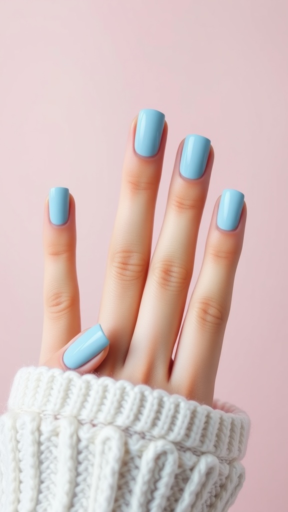 Five fingers with glossy light blue nails and white tips, wearing a cozy knitted sweater