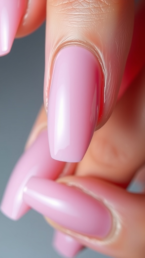 Close-up of glossy light pink chrome nails