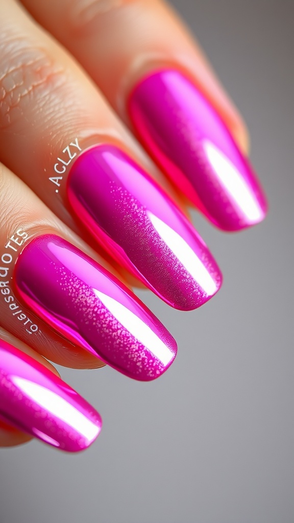 Close-up of glossy pink chrome nails with a reflective surface