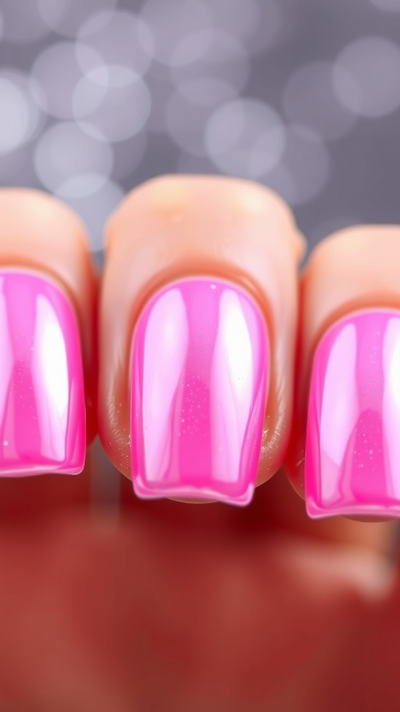 Close-up view of glossy pink chrome square nails.