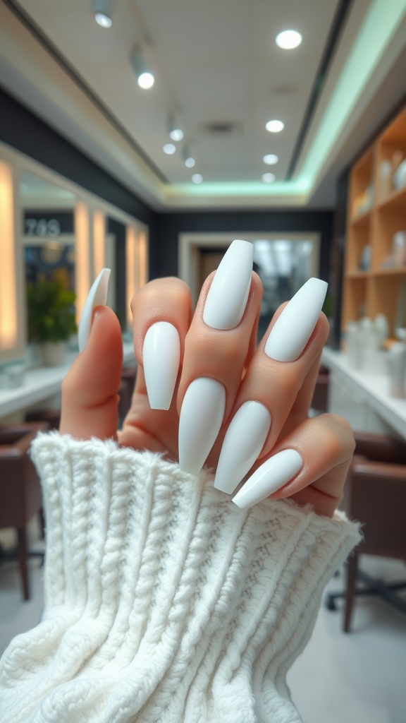 A hand displaying glossy white coffin nails with a cozy white sweater in a nail salon setting