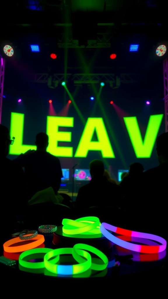 A collection of glow-in-the-dark accessories with neon colors on a table at a rave.