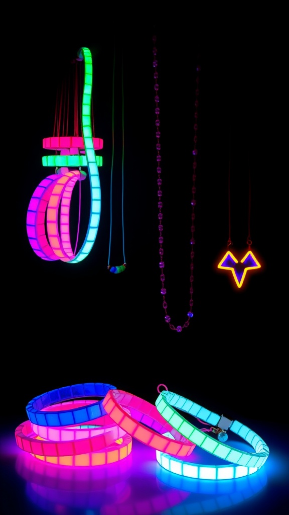 A collection of colorful glow-in-the-dark accessories including bracelets and necklaces against a dark background.