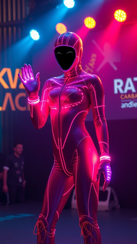 A performer wearing a glowing bodysuit with LED gloves, waving to the audience under colorful lights.