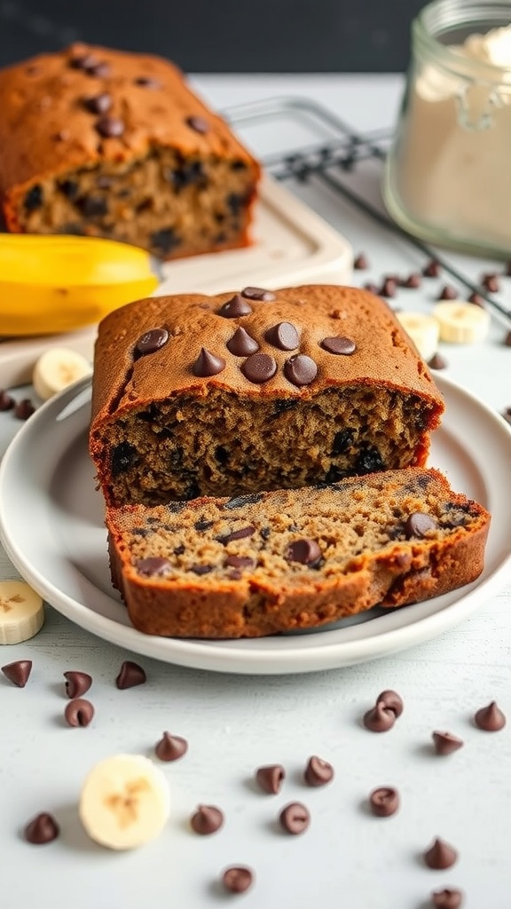 Gluten-free chocolate chip banana bread sliced on a plate with some chocolate chips and bananas around it.