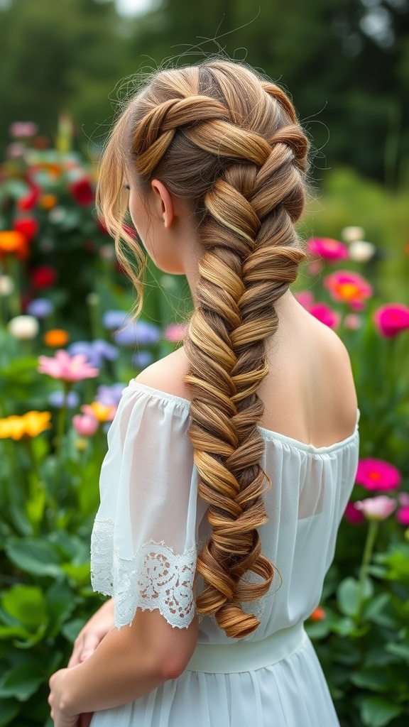 A woman with a braided ponytail hairstyle featuring curls at the end, surrounded by colorful flowers.