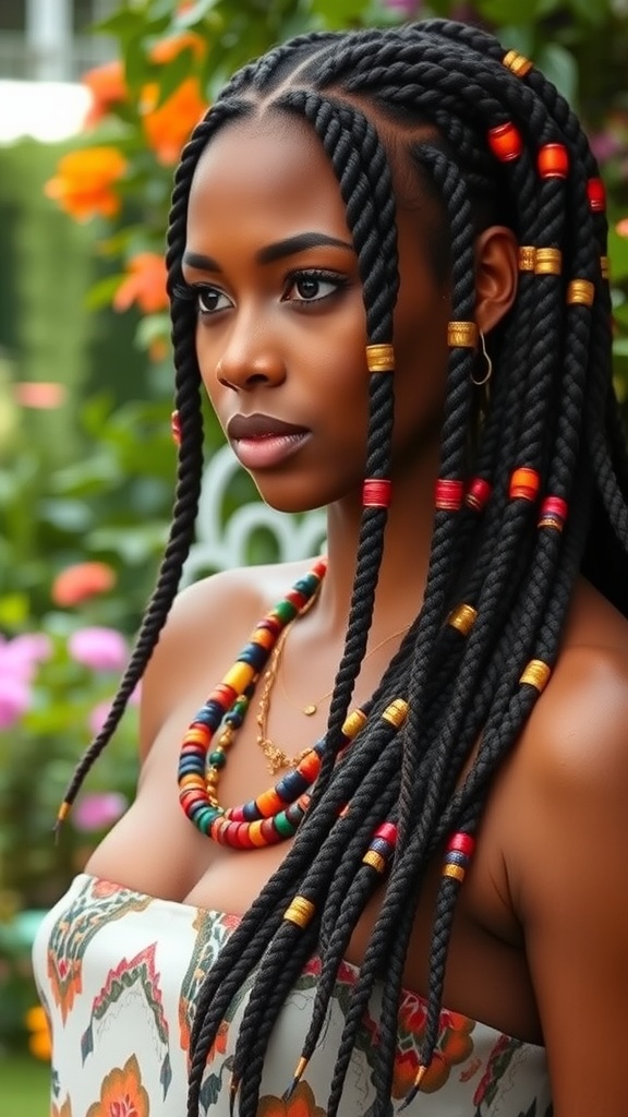 A woman with long goddess braids adorned with colorful beads, showcasing a stylish and elegant hairstyle.