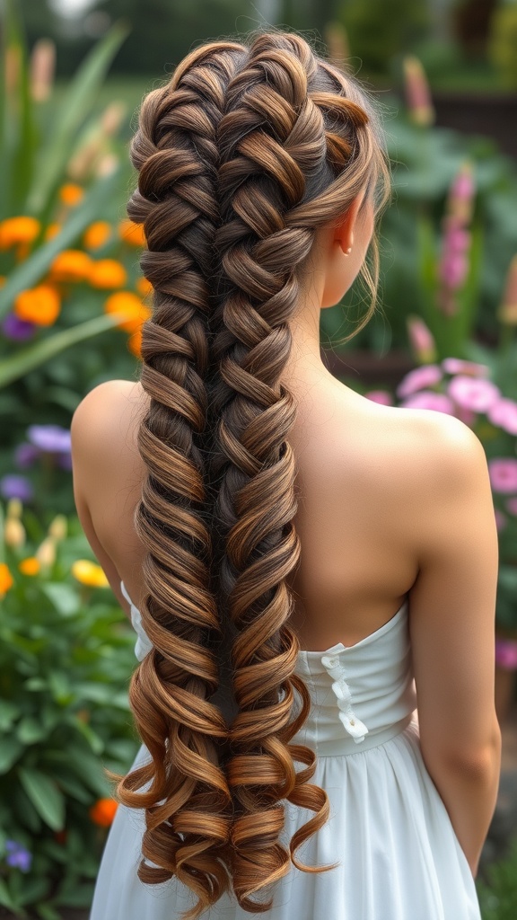 A woman with goddess braids styled in two large braids, with curled ends, surrounded by colorful flowers.