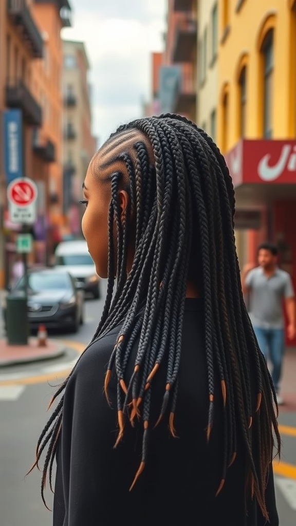 Woman with goddess braids walking in a city street
