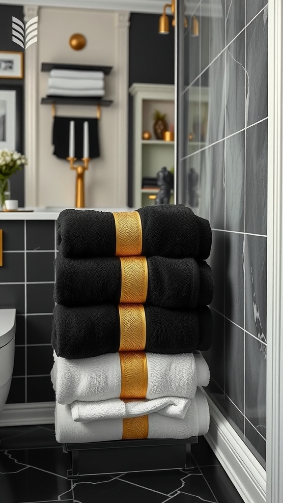 Stacked black and white towels with gold accents in a stylish bathroom setting