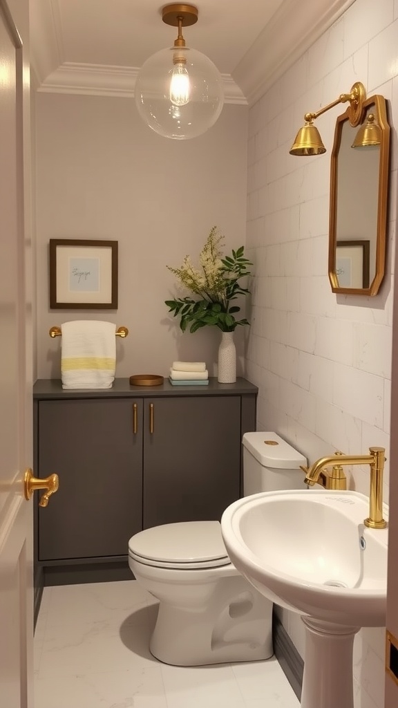 A modern guest bathroom featuring gold and brass accents, including a round mirror, wall-mounted light fixture, and faucet against neutral walls.