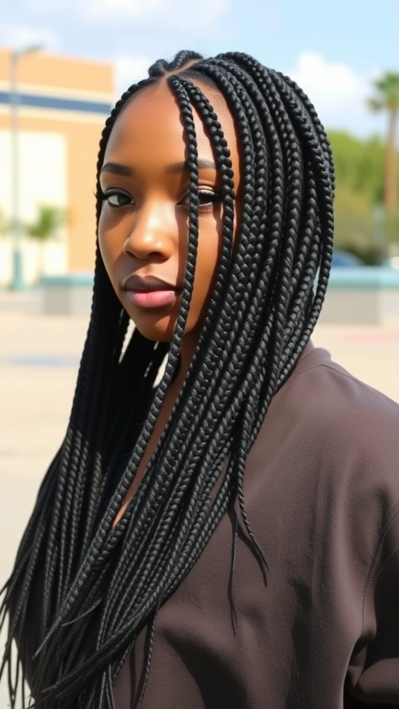 A person with long black box braids, showcasing a sleek and stylish hairstyle.