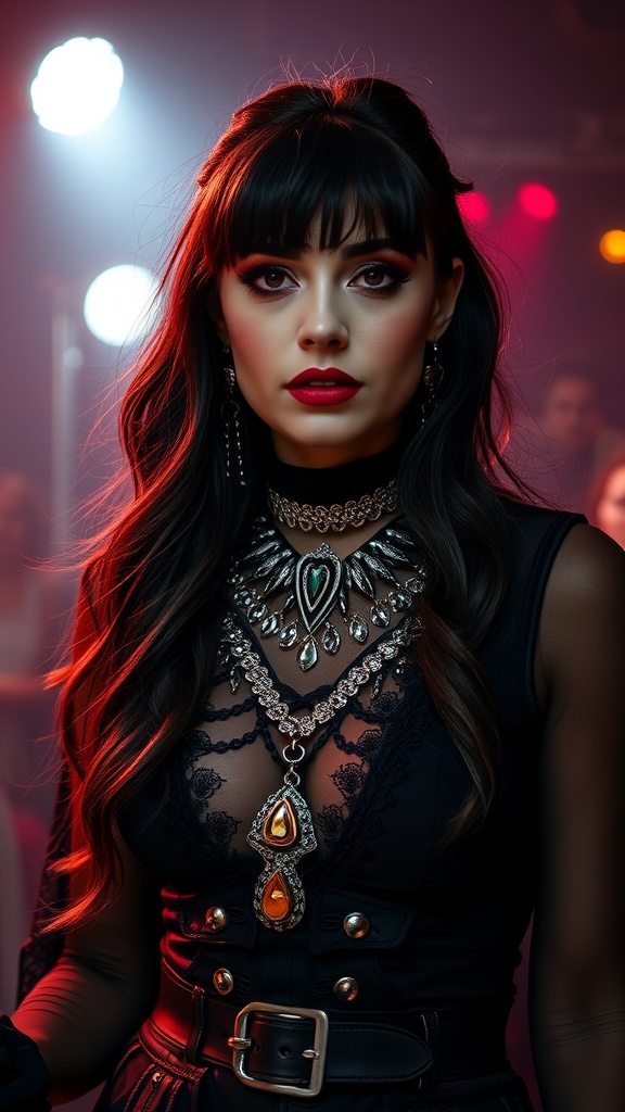 A model wearing a gothic-inspired outfit with bold jewelry, featuring layered necklaces and dramatic makeup.