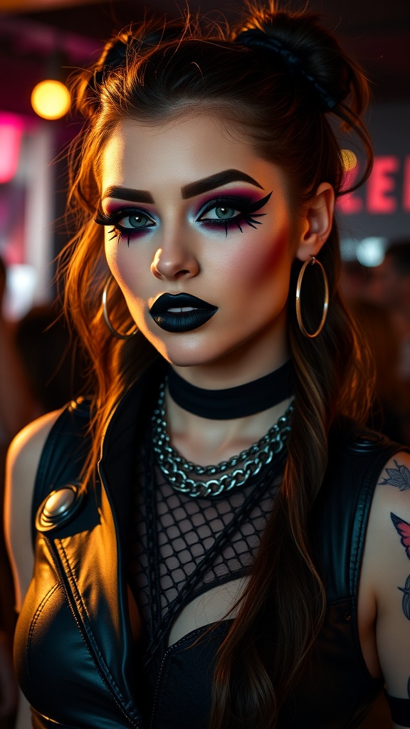 A person with gothic makeup featuring bold black lips and colorful eyeshadow, wearing a leather outfit with accessories.