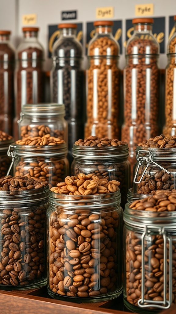 A selection of coffee beans displayed in jars and bottles, showcasing various types.