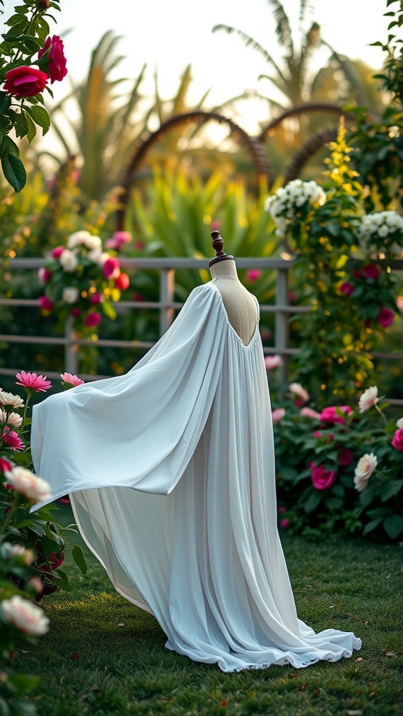 A beautiful white maxi dress displayed on a mannequin in a lush garden filled with colorful flowers.