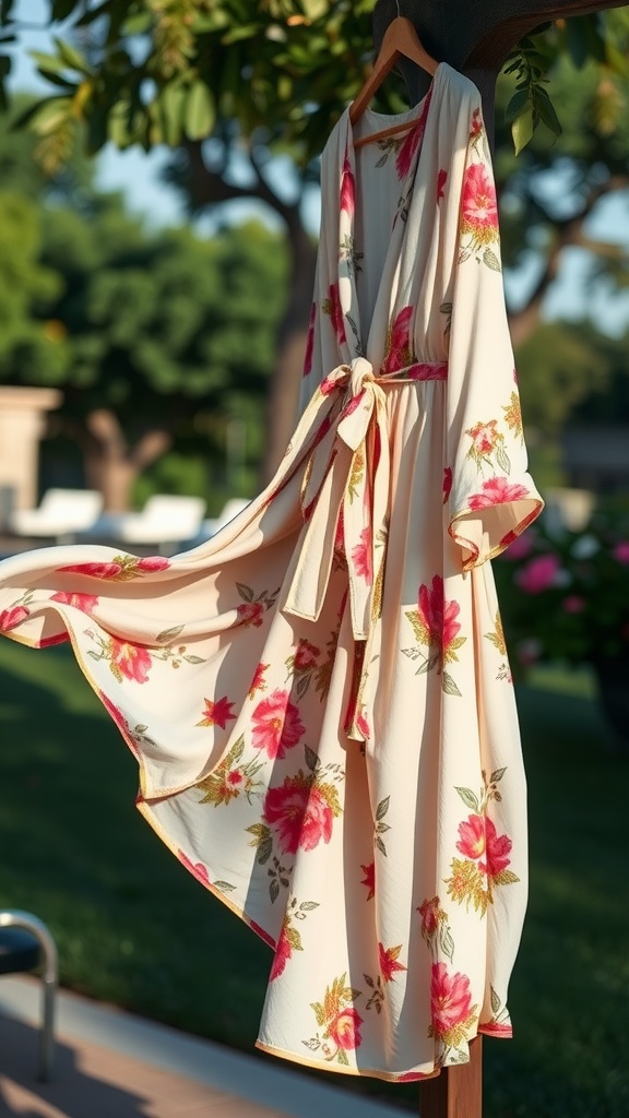 A floral wrap dress hanging on a wooden hanger outdoors