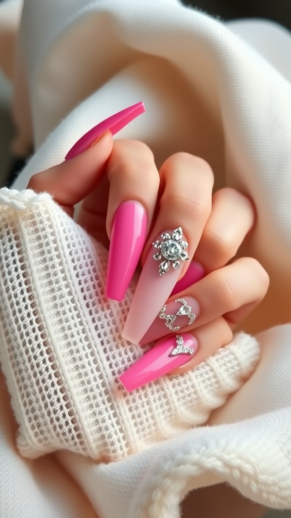 Gradient coffin nails with rhinestones in pink and nude colors