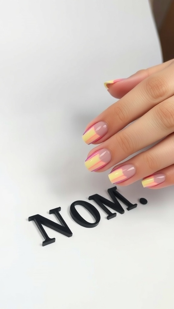 Nails with gradient yellow and pink French tips resting on a surface with the word 'NOM.'