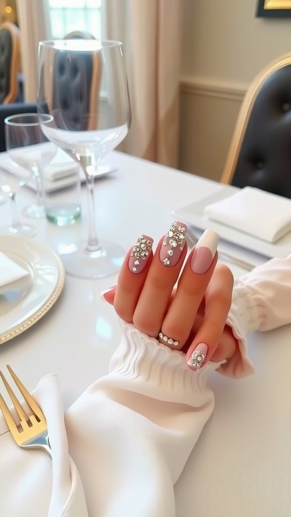 Elegant gradient French tips with rhinestones on a hand, set against a nicely arranged dining table.