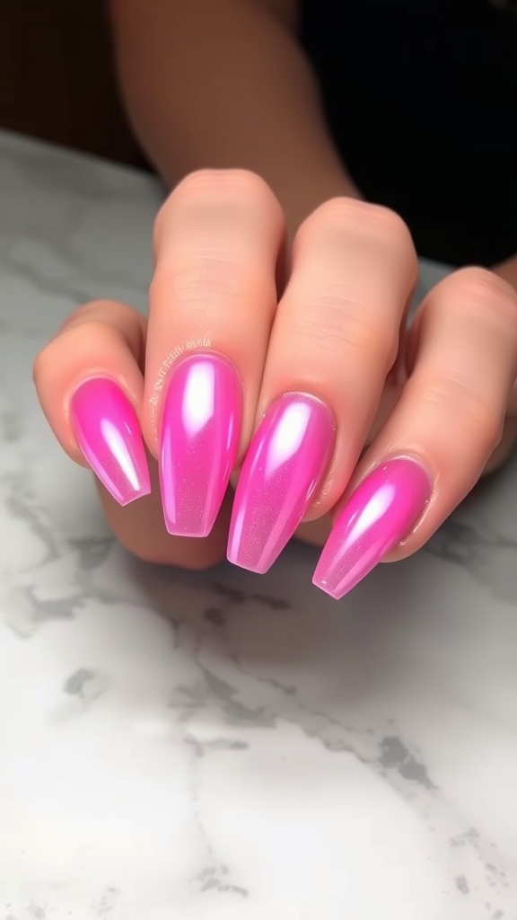 Beautiful gradient pink chrome nails with a square shape.