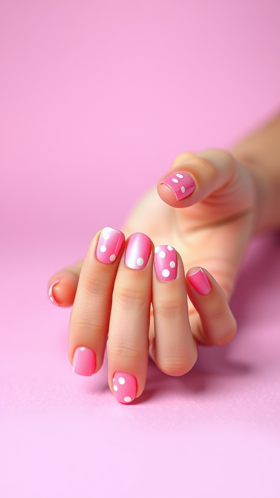 A hand with gradient pink polka dot nails against a pink background.