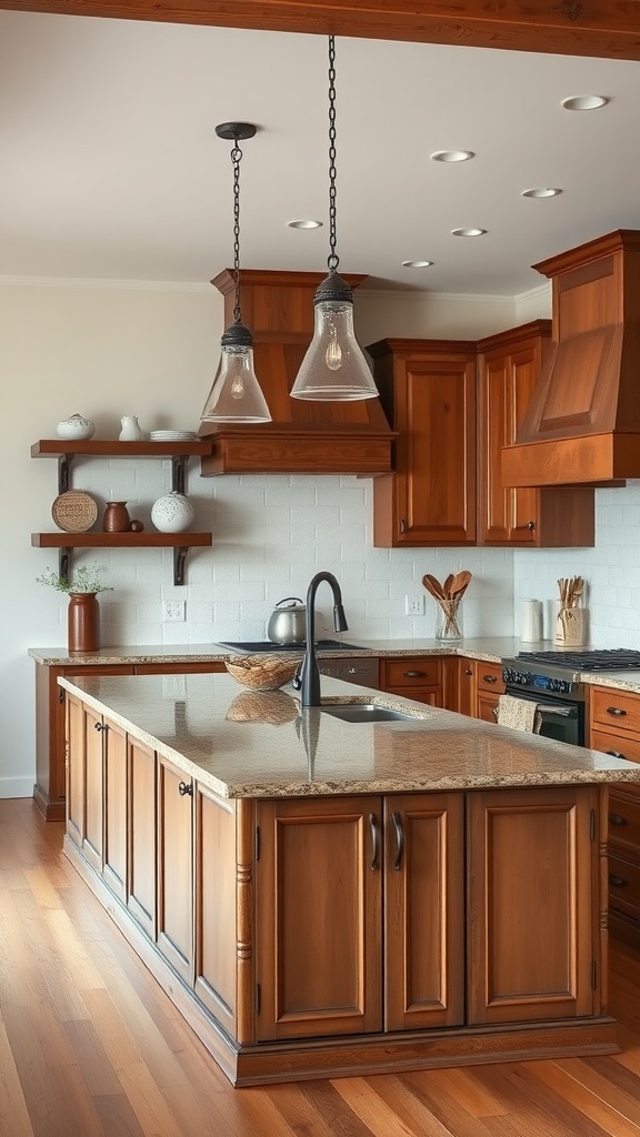 A farmhouse kitchen island with a granite countertop and wooden cabinets, featuring open shelving and stylish lighting.