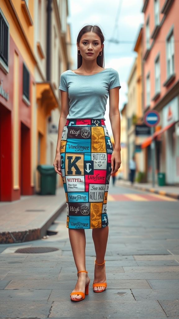 A woman wearing a graphic print pencil skirt and a fitted t-shirt, walking down a colorful street.