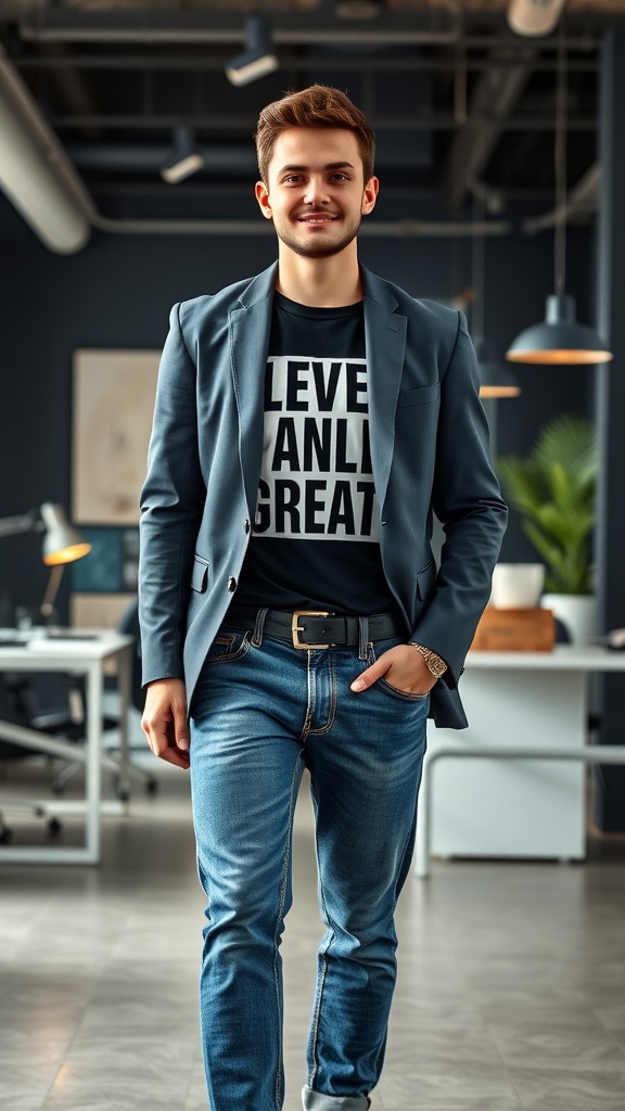 A man wearing a graphic tee and a blazer, paired with jeans, in a modern office setting.
