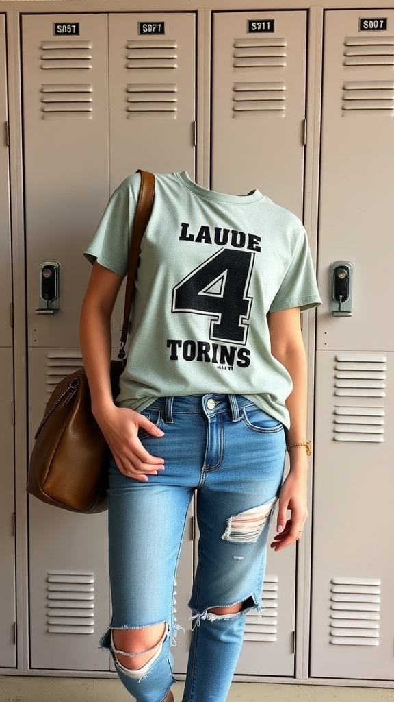 A mannequin wearing a light green graphic tee with the text 'LAUDE 4 TORINS' and distressed jeans, standing in front of lockers.