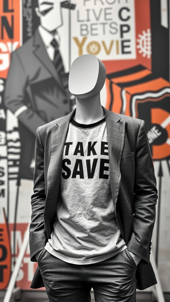 A mannequin dressed in a gray blazer over a graphic tee that says 'TAKE SAVE'.