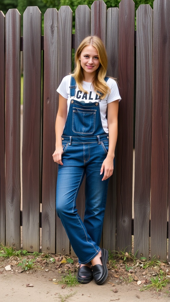 A woman wearing a graphic tee and denim overalls, standing against a wooden fence.
