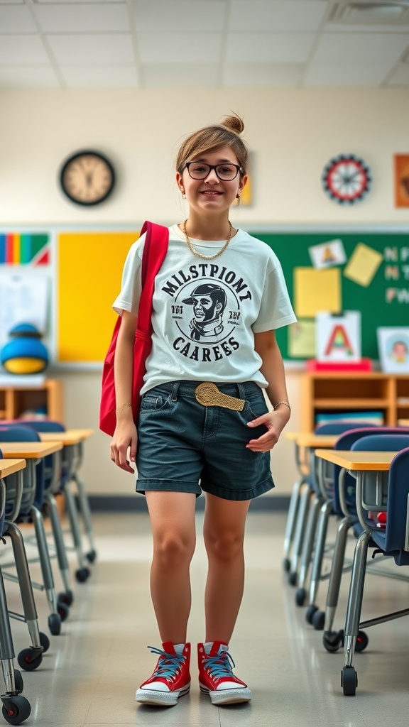 A student wearing a graphic tee and high-waisted shorts in a classroom setting.