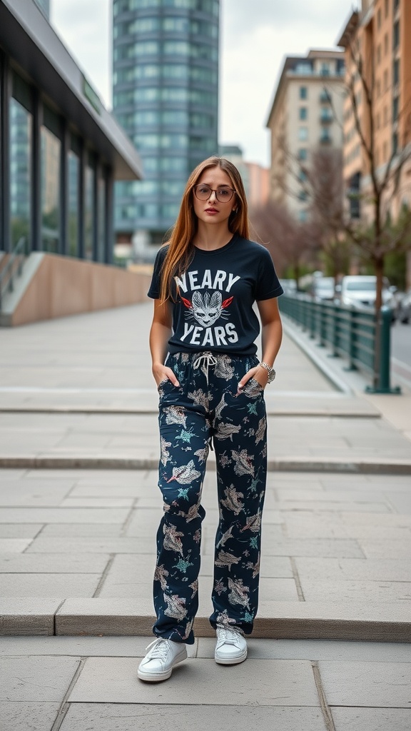 A model wearing a graphic tee and statement pants, standing in an urban setting.