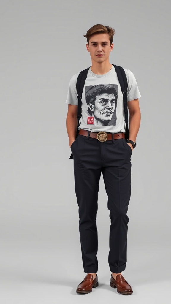 A young man wearing a graphic tee with tailored trousers, complemented by a belt and stylish shoes.