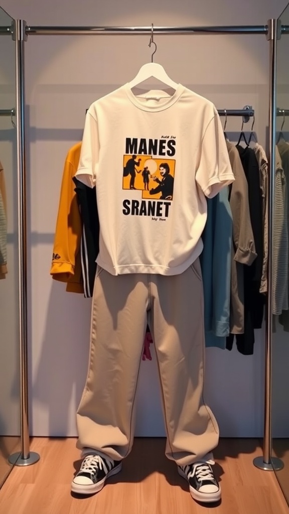 A casual outfit featuring a graphic tee and baggy pants hanging on a rack.