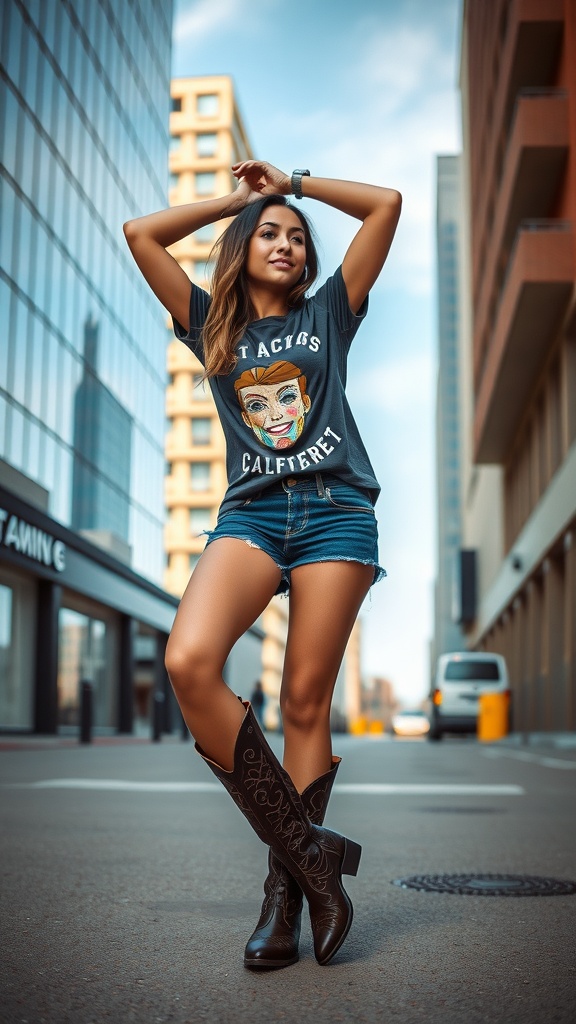 A woman wearing a graphic tee and cowboy boots, posing confidently on a city street.
