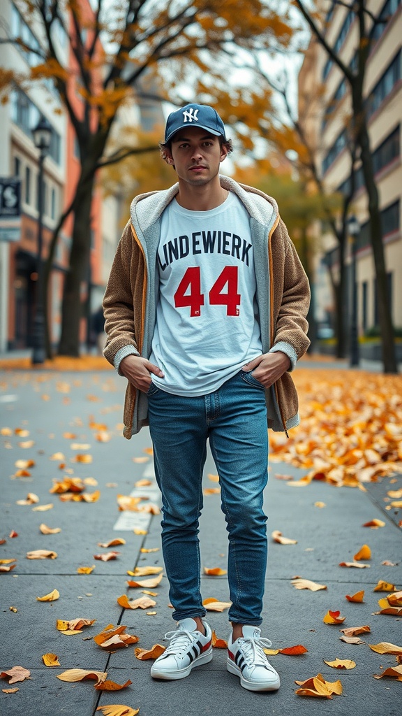 A young man wearing a graphic tee and a layered jacket standing on a street covered with autumn leaves.