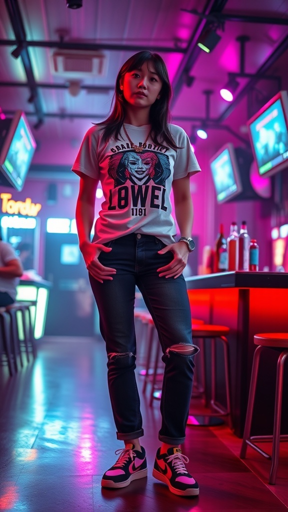 A person wearing a graphic tee and low-rise jeans, standing in a neon-lit bar.