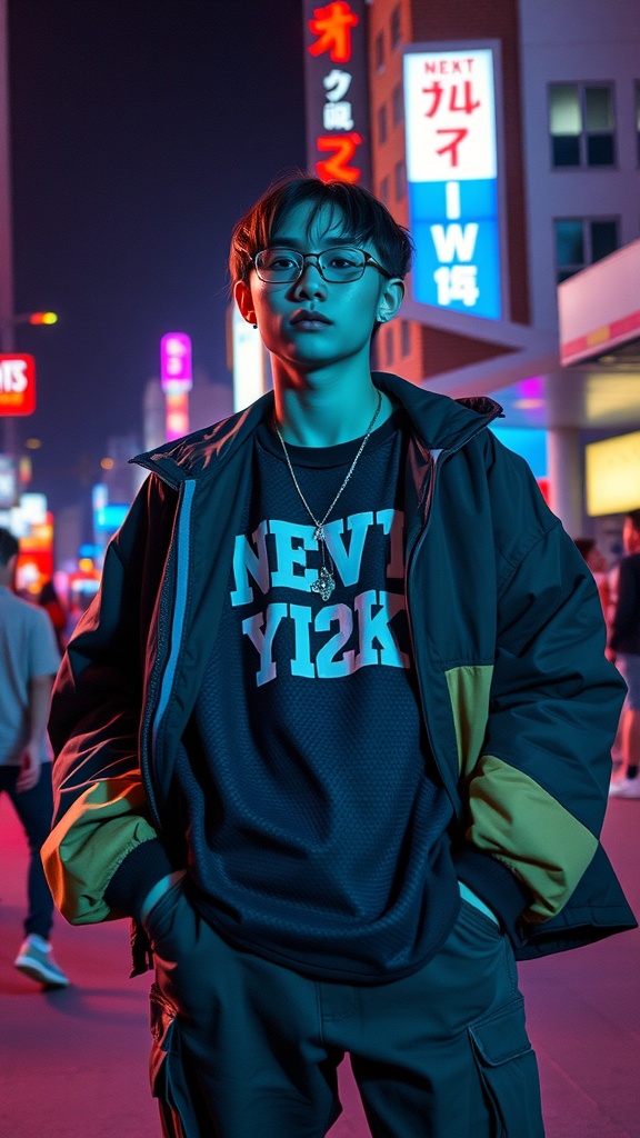 A person wearing a graphic tee with the text 'NEW Y2K', layered with a colorful jacket, against a vibrant urban backdrop.