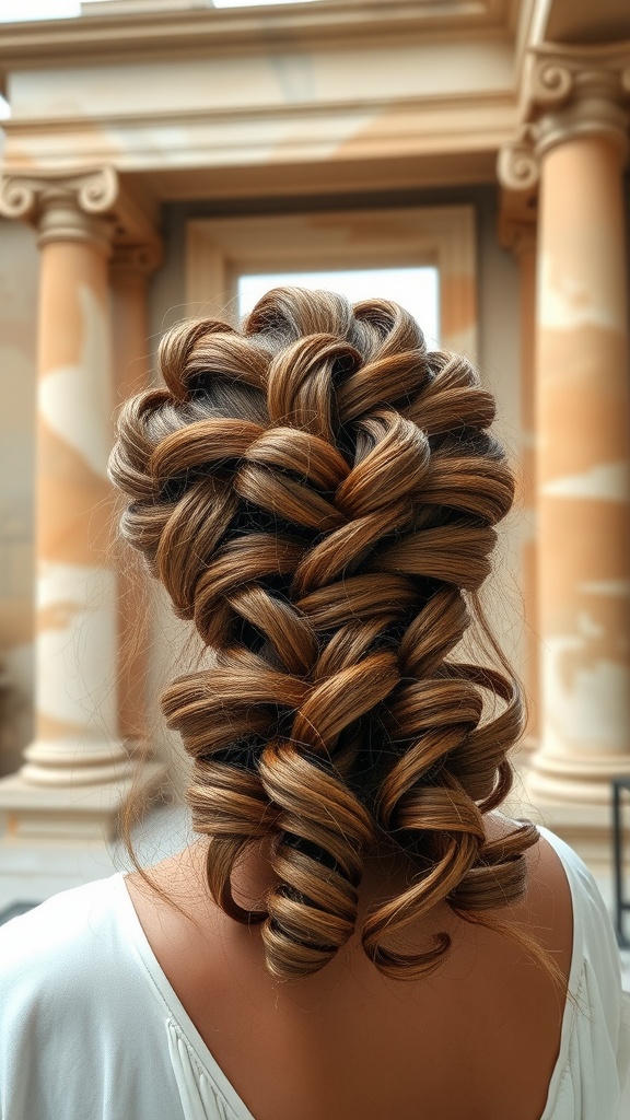 A Grecian-inspired curly updo hairstyle featuring intricate twists and warm hair tones.