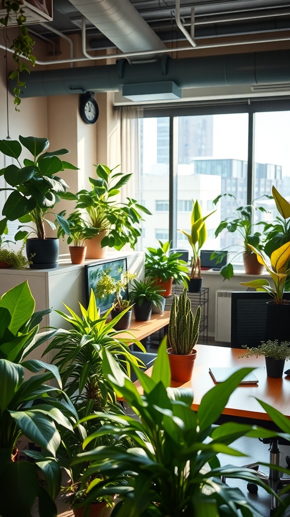 A well-lit office filled with various green plants, showcasing their role as natural air purifiers.