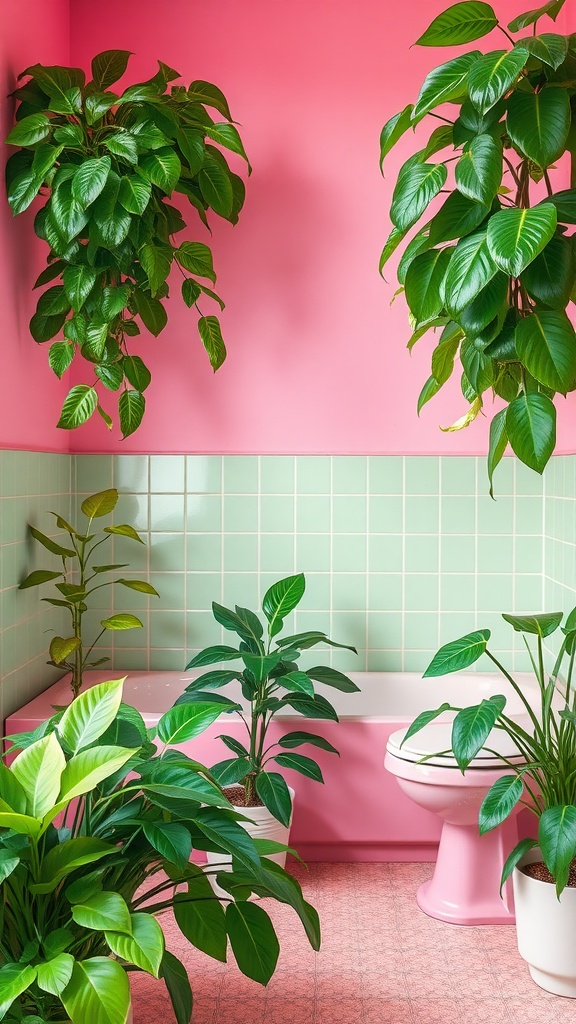 A vibrant bathroom with pink walls and green plants, featuring a mix of hanging and potted plants.