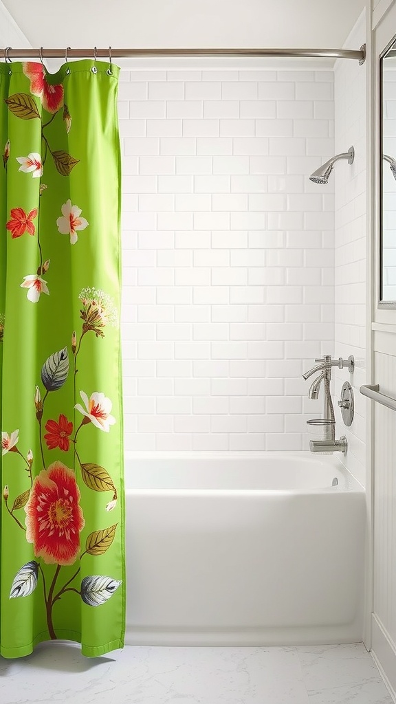 Bright green shower curtain with floral prints in a modern bathroom