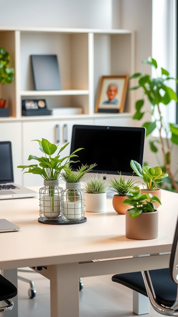 An office desk with several indoor plants, a laptop, and a computer monitor, showcasing a clean and organized workspace.