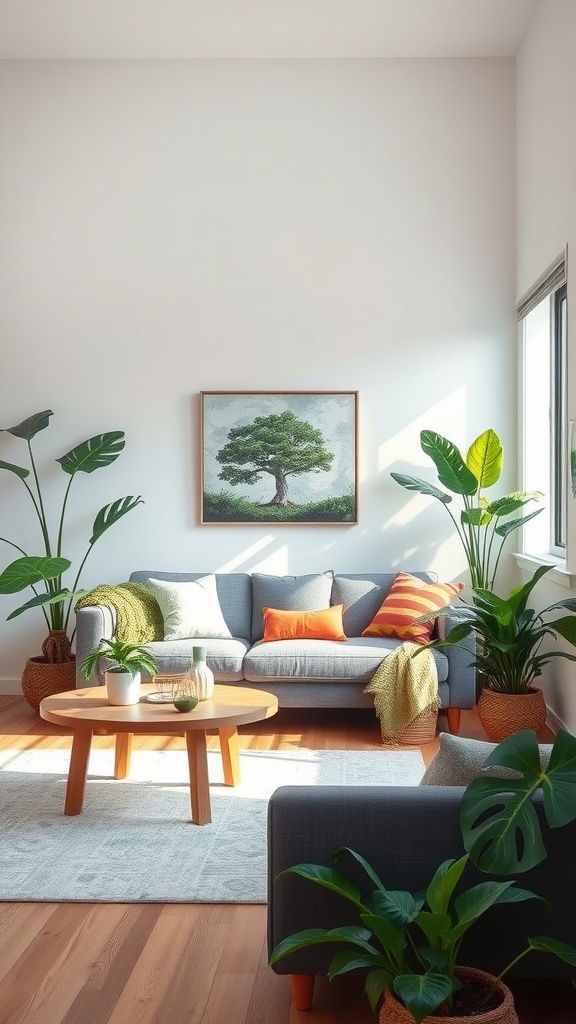 A cozy living room featuring a grey sofa with colorful pillows, surrounded by indoor plants and a round wooden coffee table.